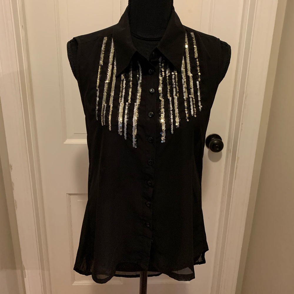 Sheer Black Button Down Tank with Sequins